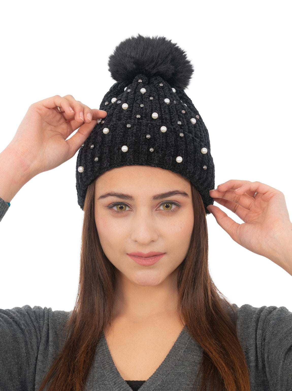 Woolen Pearl Knitted Hat- Black | Amoldo