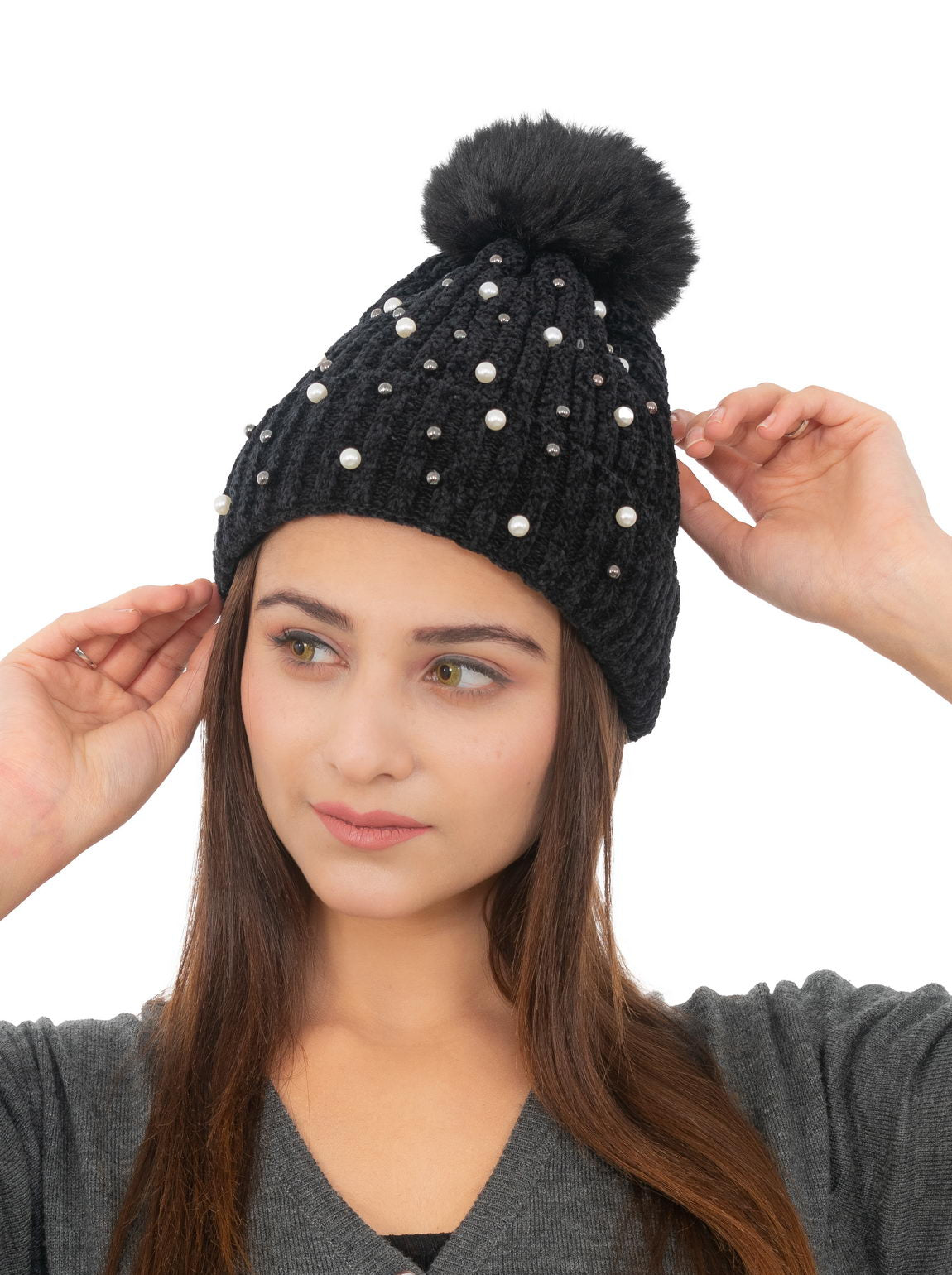 Woolen Pearl Knitted Hat- Black | Amoldo