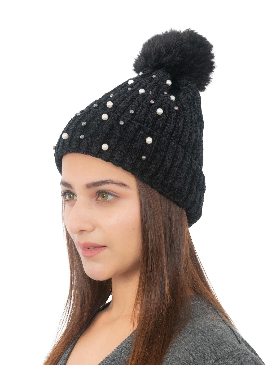 Woolen Pearl Knitted Hat- Black | Amoldo