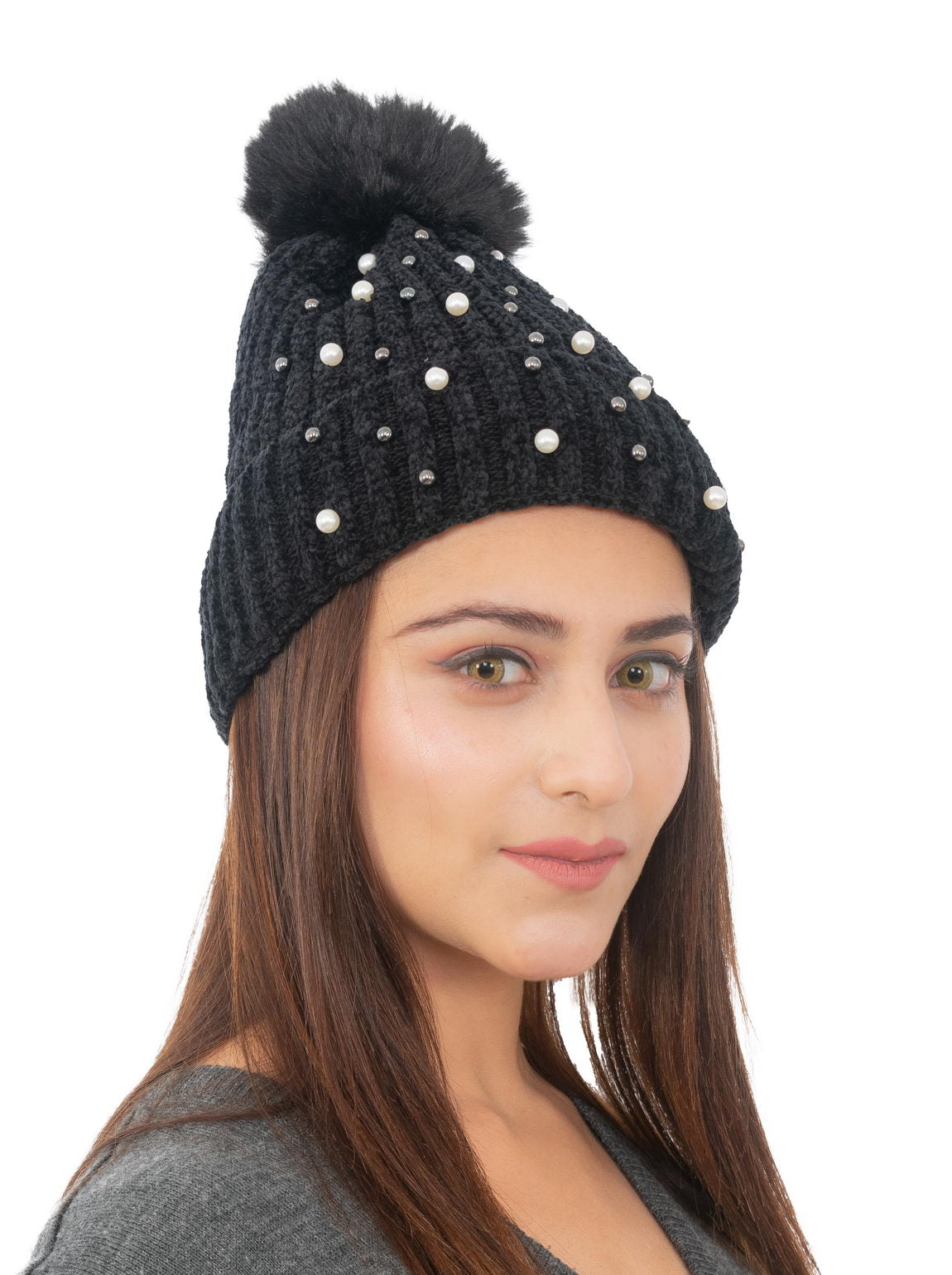 Woolen Pearl Knitted Hat- Black | Amoldo