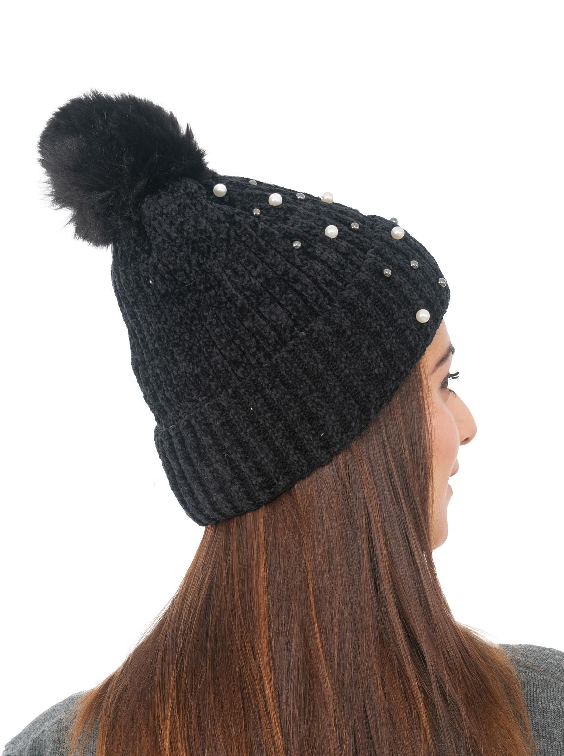 Woolen Pearl Knitted Hat- Black | Amoldo