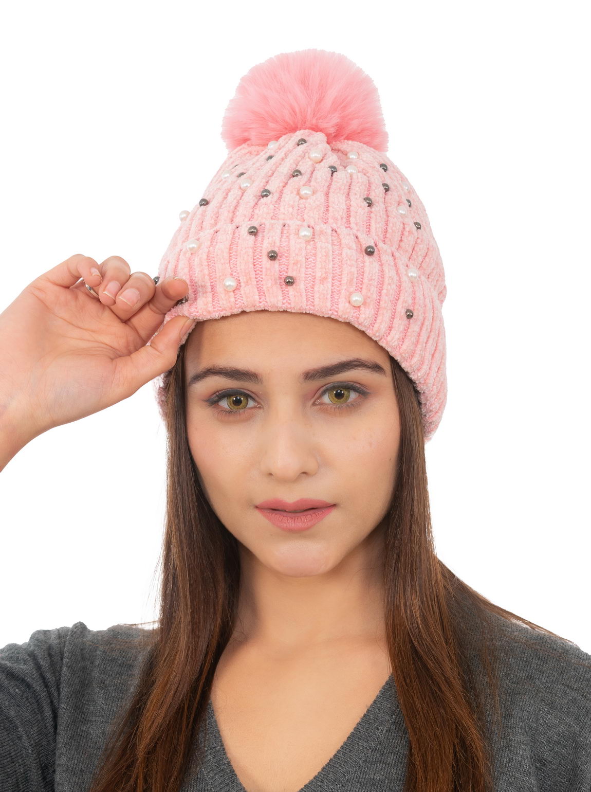 Woolen Pearl Knitted Hat- Pink | Amoldo