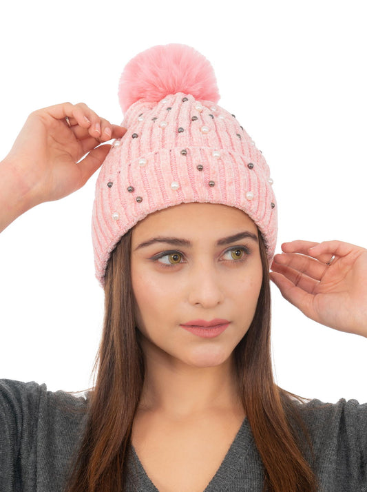 Woolen Pearl Knitted Hat- Pink | Amoldo