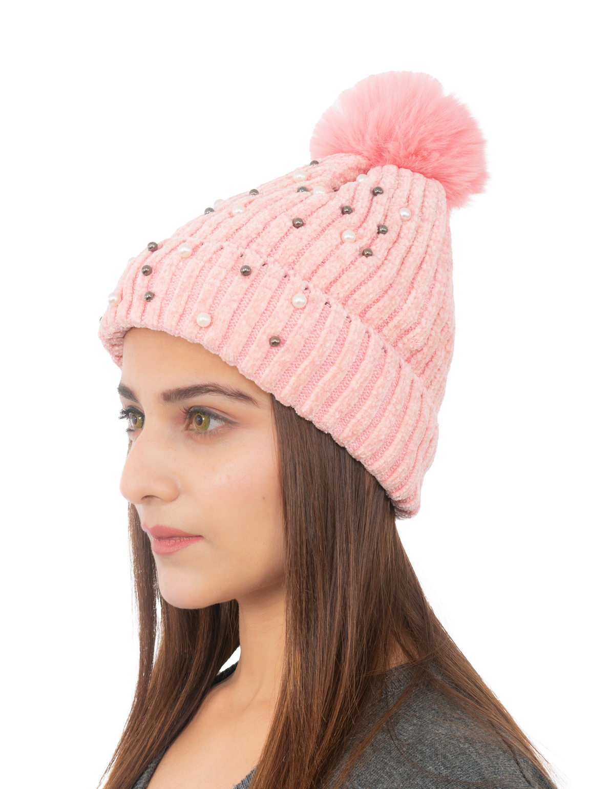 Woolen Pearl Knitted Hat- Pink | Amoldo