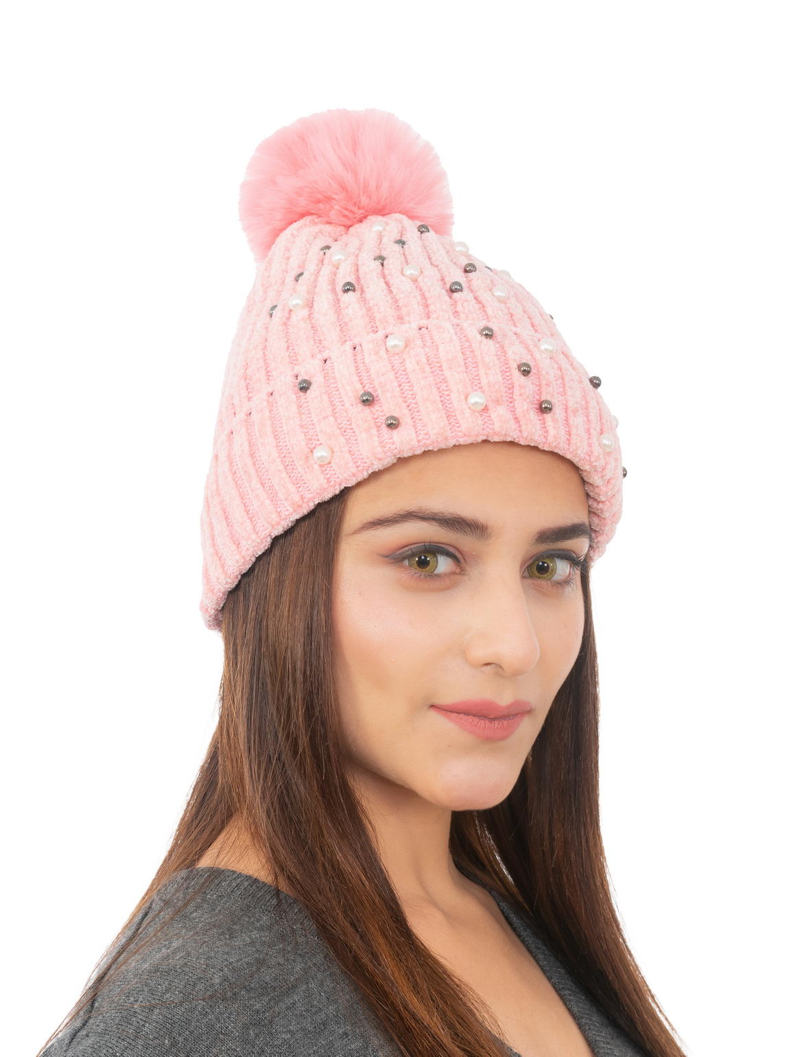 Woolen Pearl Knitted Hat- Pink | Amoldo