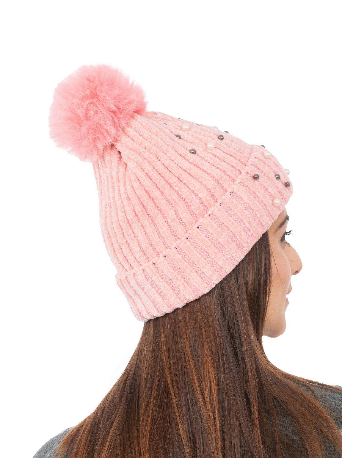 Woolen Pearl Knitted Hat- Pink | Amoldo