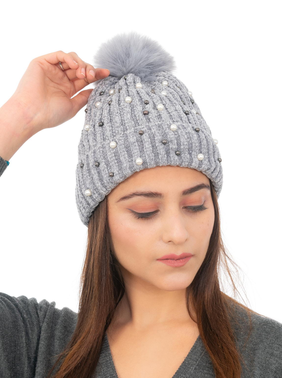 Woolen Pearl Knitted Hat- Grey | Amoldo