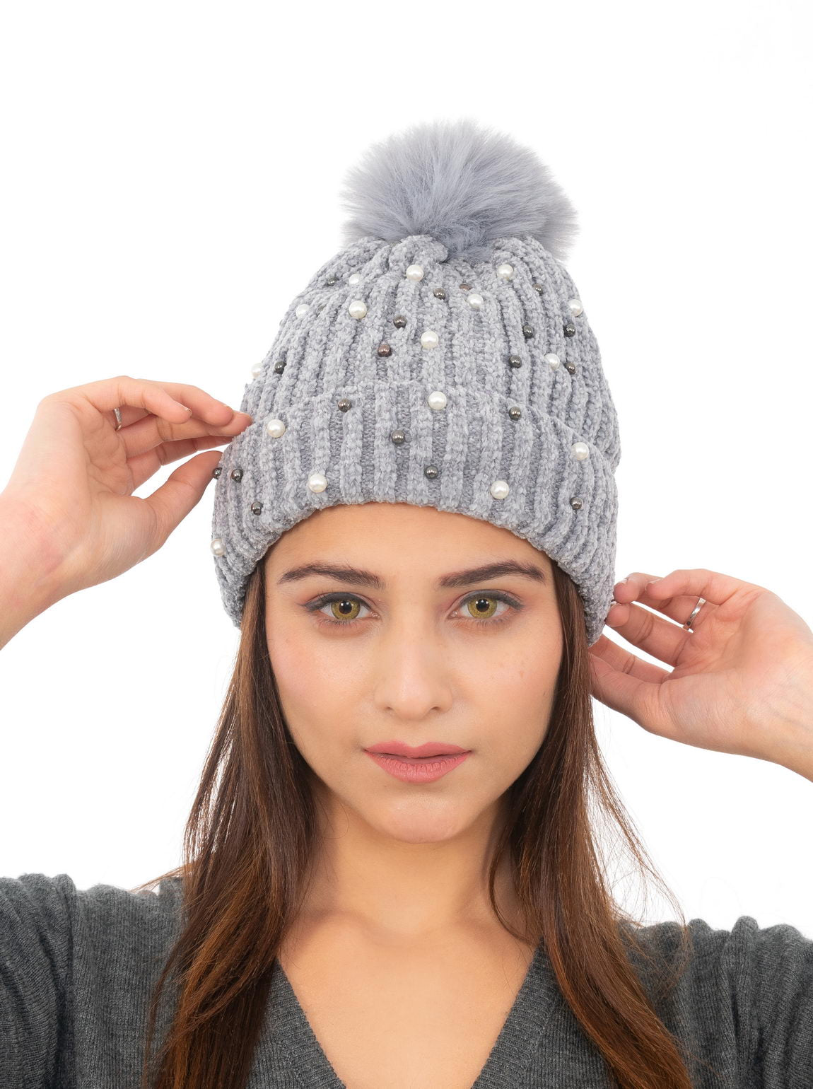 Woolen Pearl Knitted Hat- Grey | Amoldo