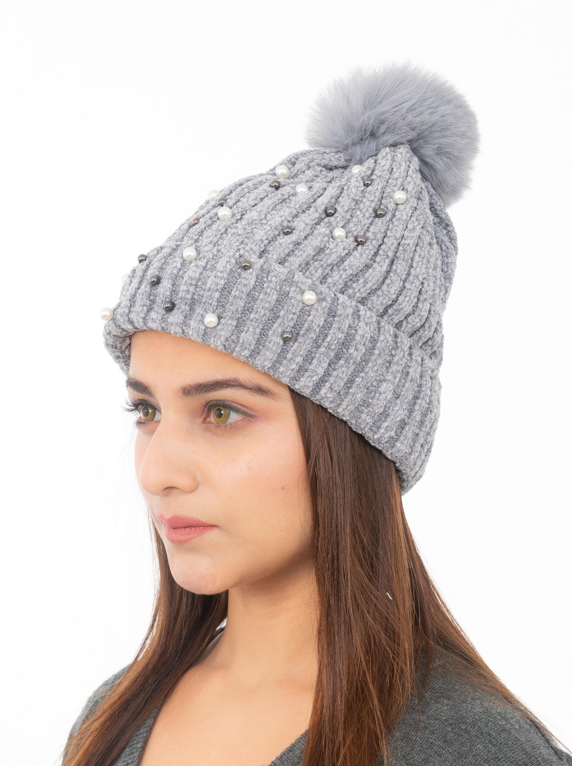 Woolen Pearl Knitted Hat- Grey | Amoldo