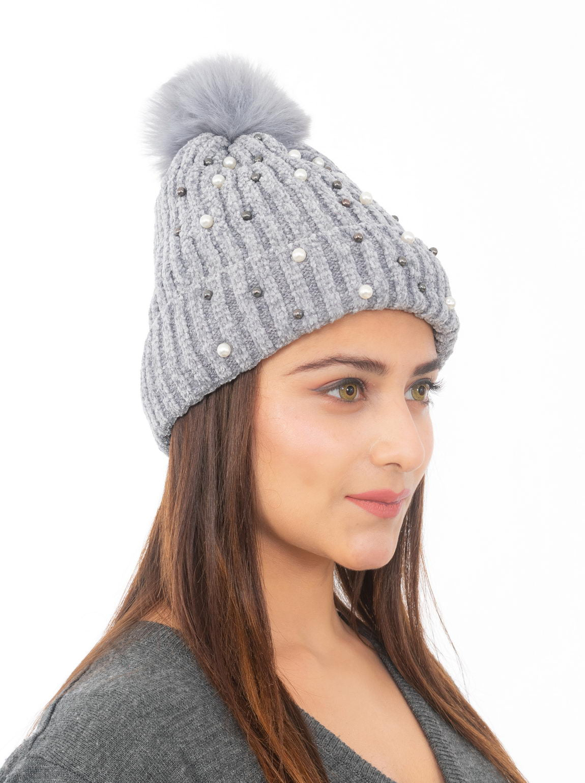 Woolen Pearl Knitted Hat- Grey | Amoldo