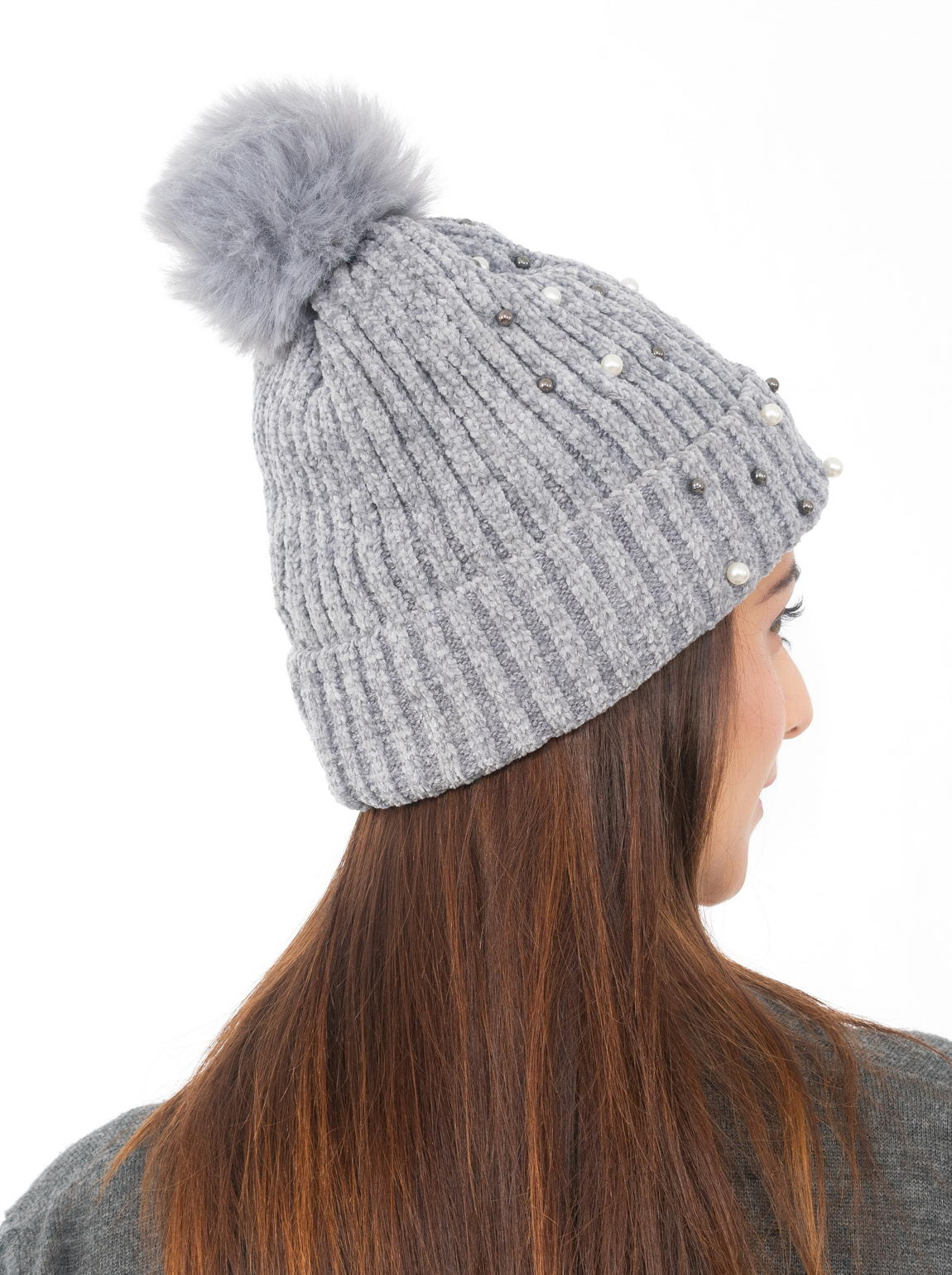 Woolen Pearl Knitted Hat- Grey | Amoldo