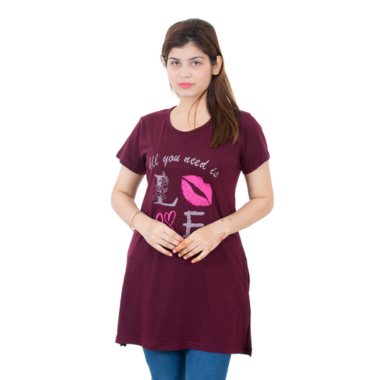 Women's Cotton Printed Long Half Sleeve Regular Fit Casual Round Neck T-Shirt/Top/Nightgown - Maroon | AMOLDO