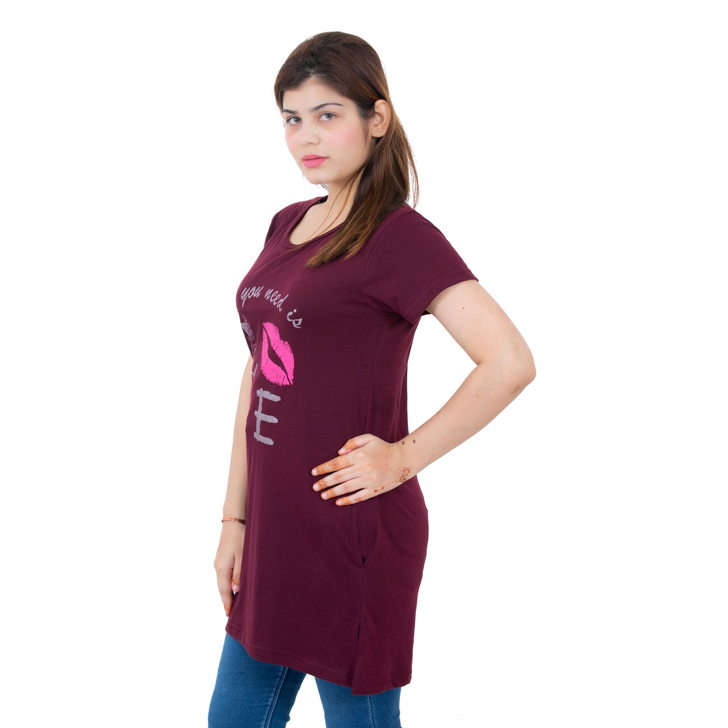 Women's Cotton Printed Long Half Sleeve Regular Fit Casual Round Neck T-Shirt/Top/Nightgown - Maroon | AMOLDO