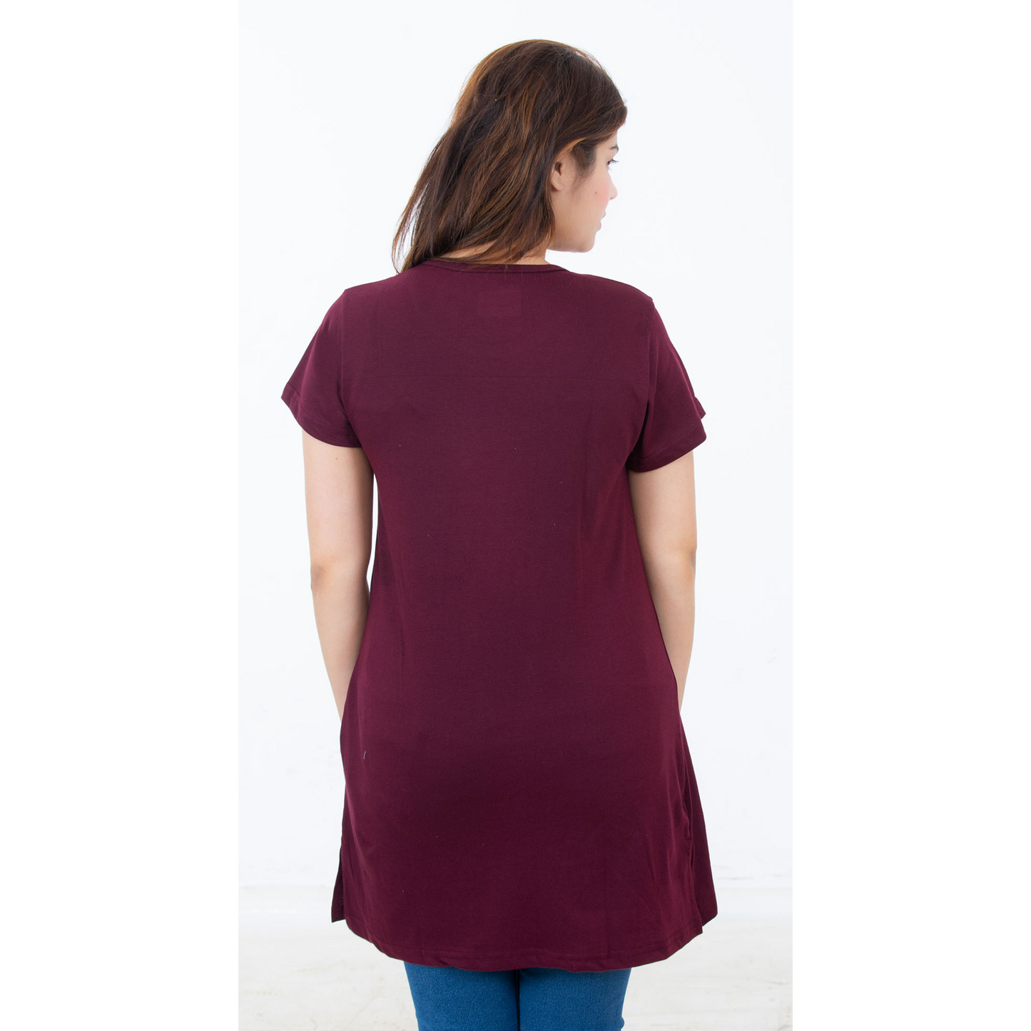 Women's Cotton Printed Long Half Sleeve Regular Fit Casual Round Neck T-Shirt/Top/Nightgown - Maroon | AMOLDO