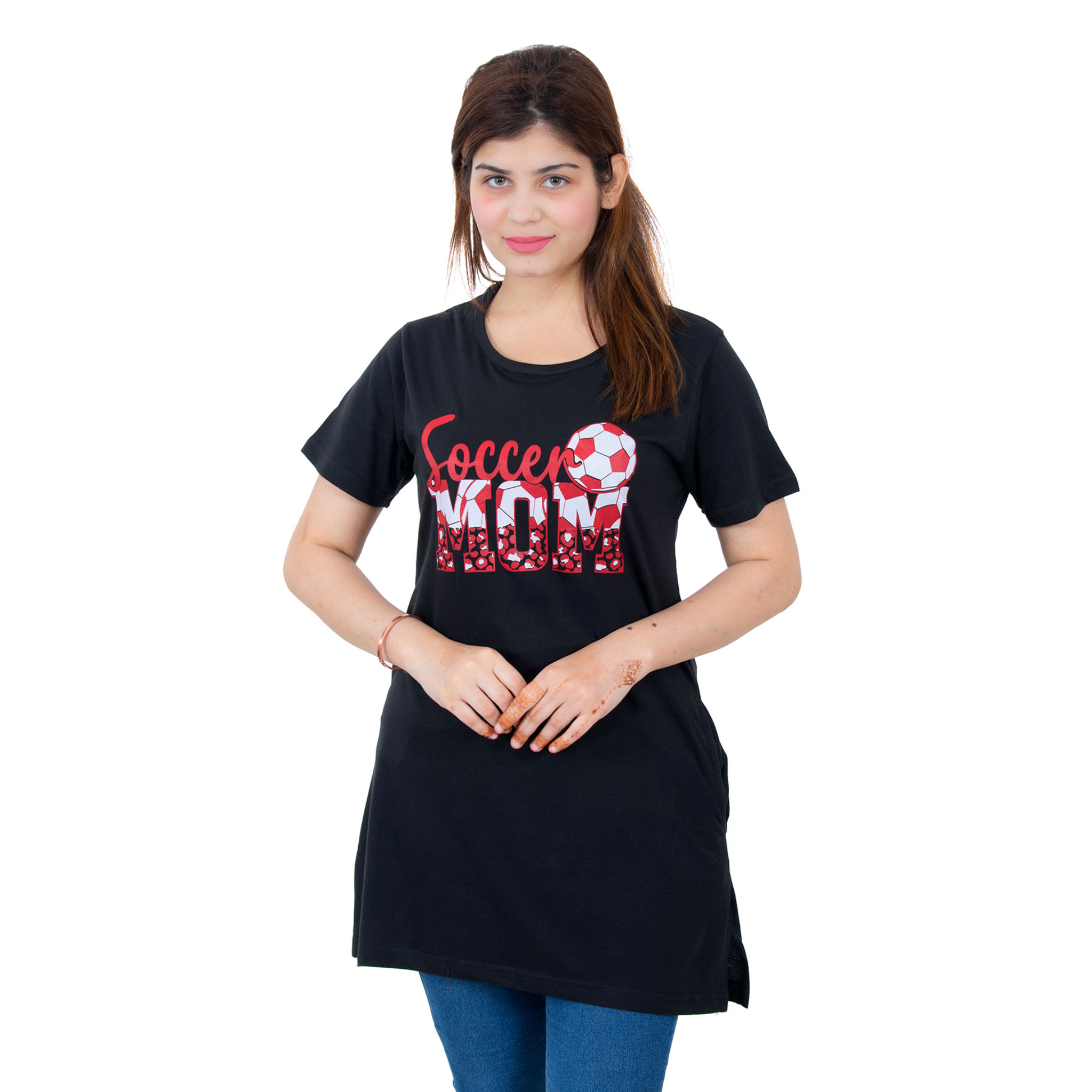 Women's Cotton Printed Long Half Sleeve Regular Fit Casual Round Neck T-Shirt/Top/Nightgown - Black | AMOLDO