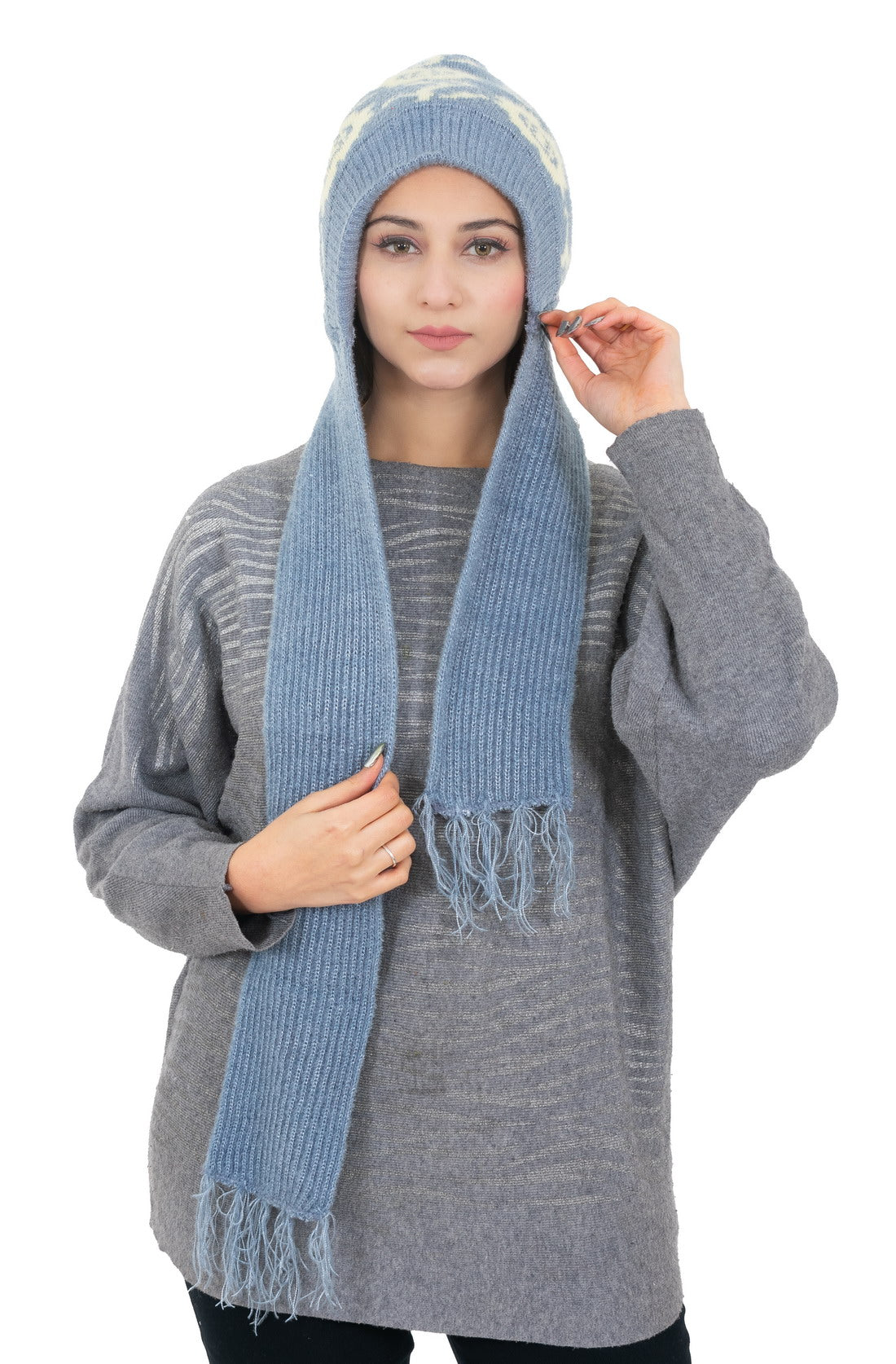 Woolen Printed Muffler Cap for Women- Light Grey | AMOLDO