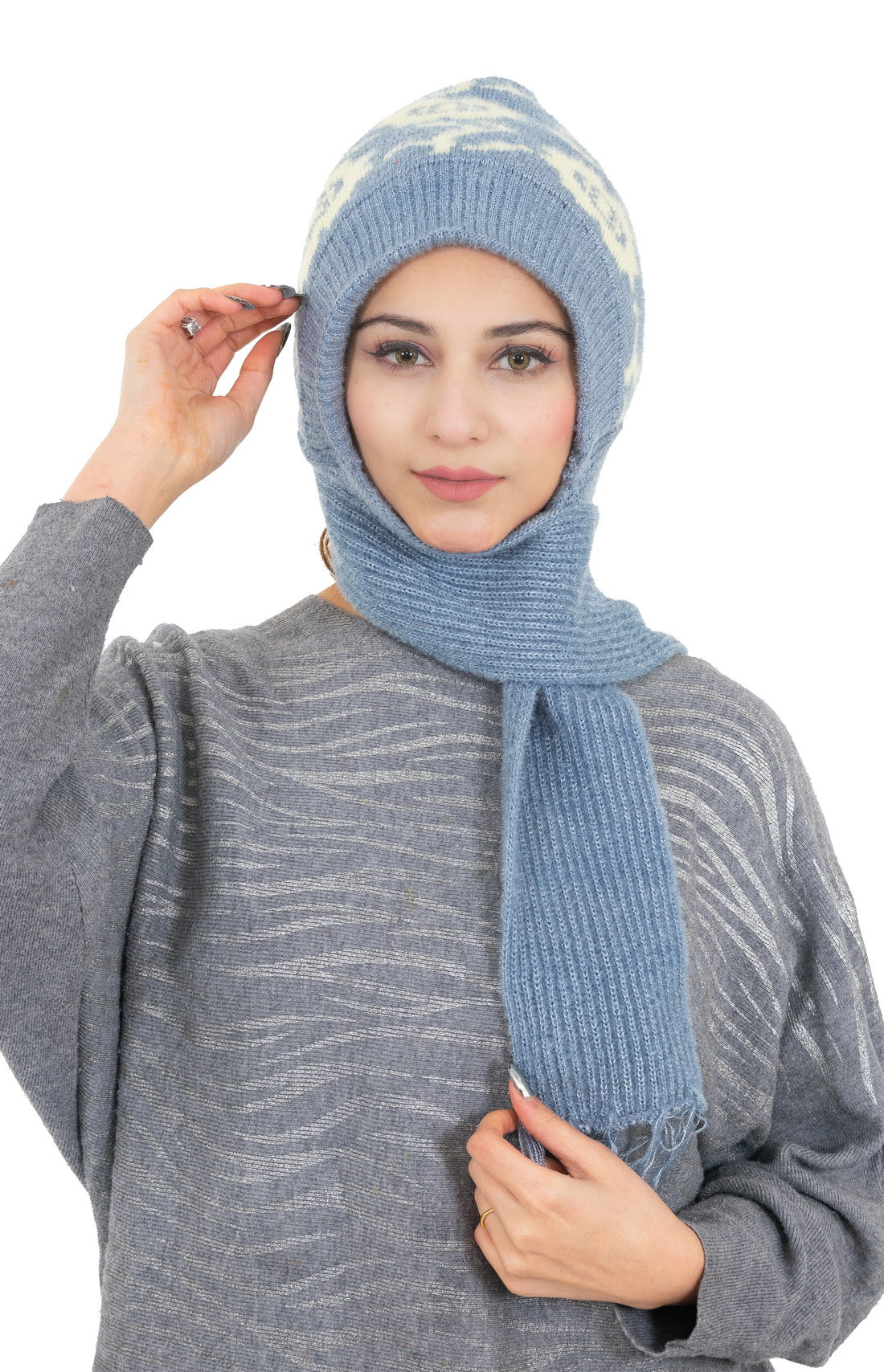 Woolen Printed Muffler Cap for Women- Light Grey | AMOLDO