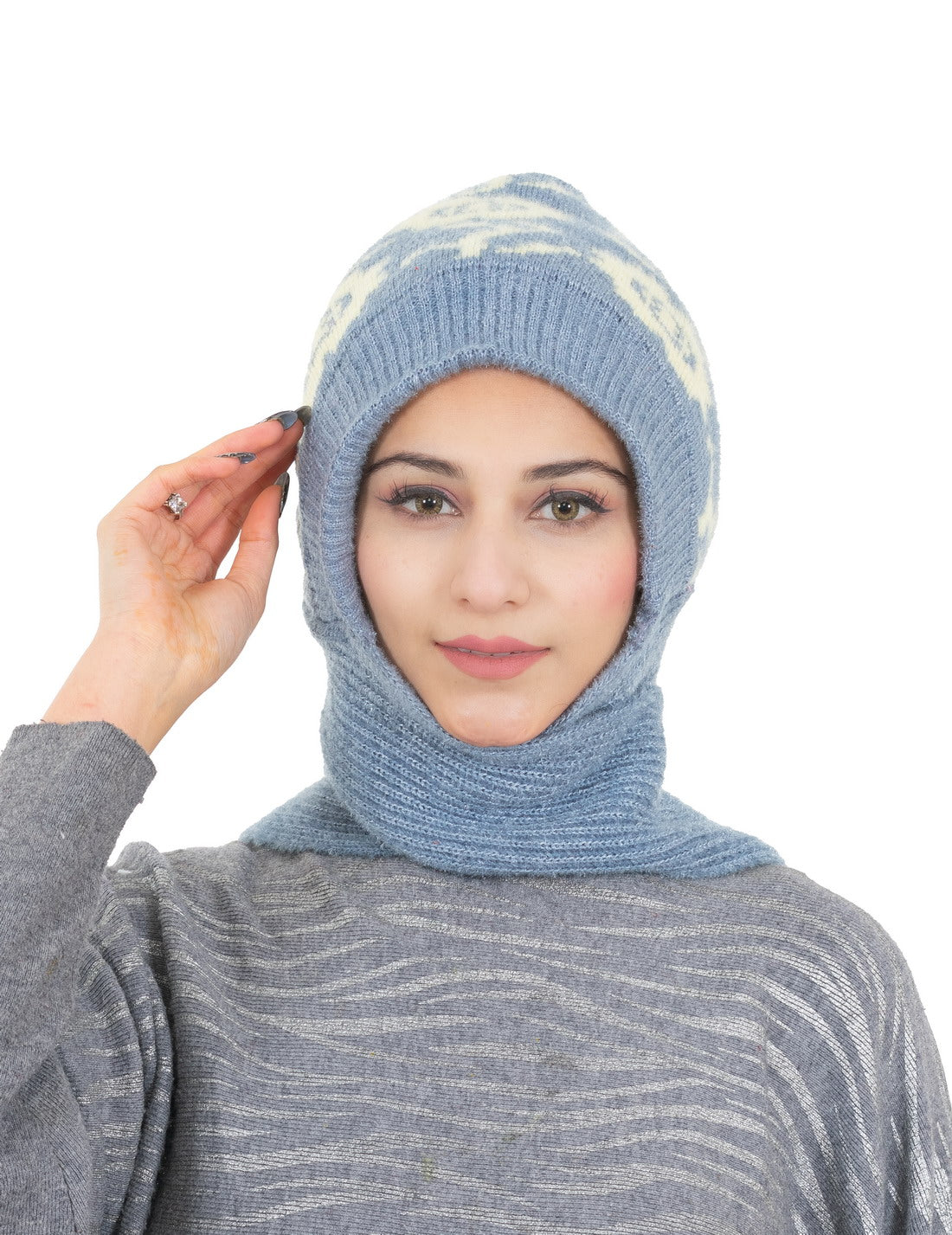 Woolen Printed Muffler Cap for Women- Light Grey | AMOLDO