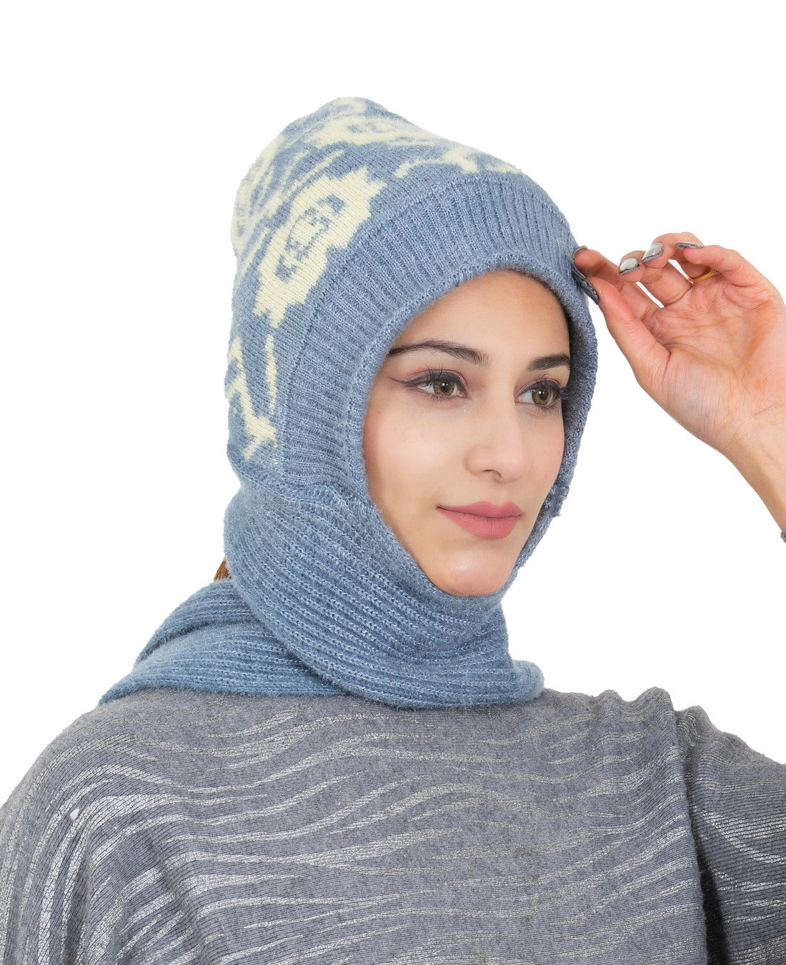 Woolen Printed Muffler Cap for Women- Light Grey | AMOLDO