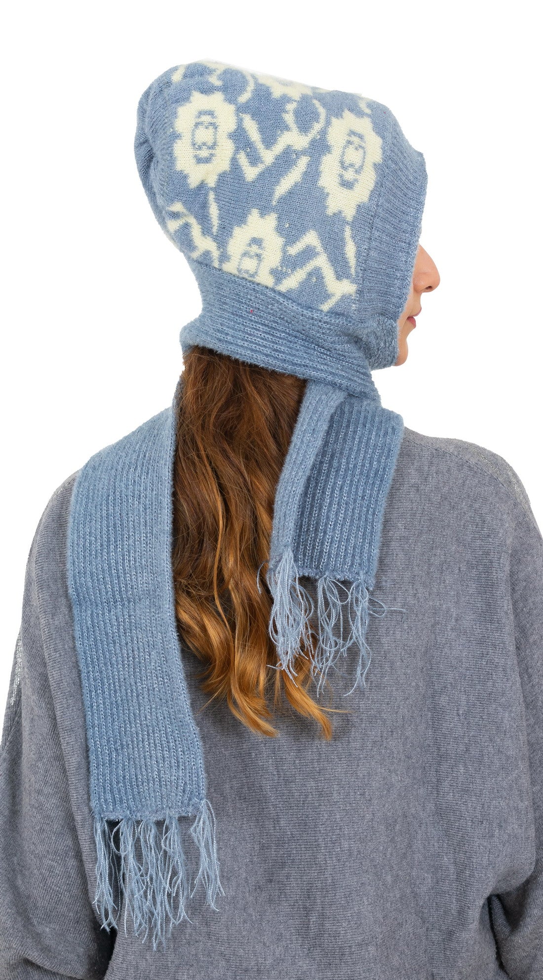 Woolen Printed Muffler Cap for Women- Light Grey | AMOLDO