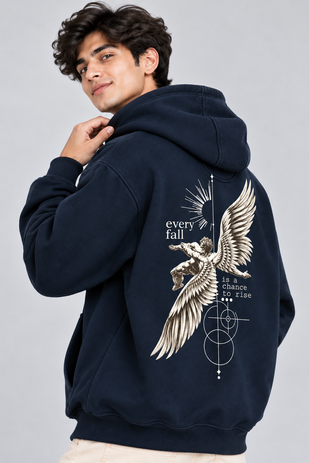 Amoldo Men's Fleece Hoodie with Graphic Print | 400+ GSM Sweatshirt | Navy