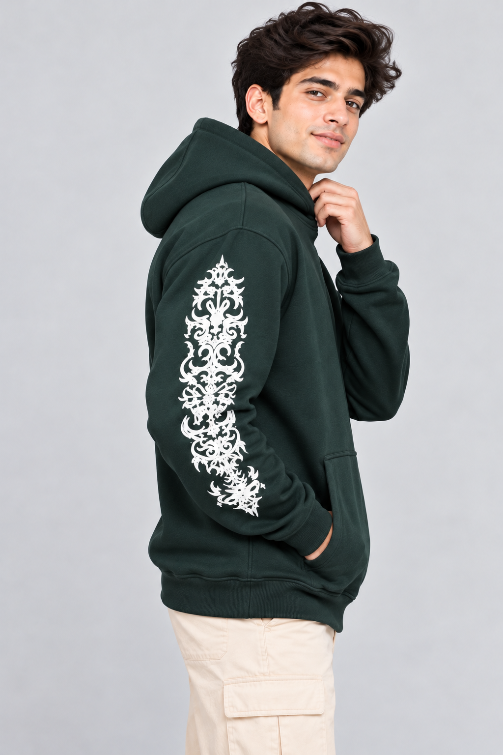 Men's Hooded Sweatshirt with White Graphic Print | 400+ GSM | Dark Green