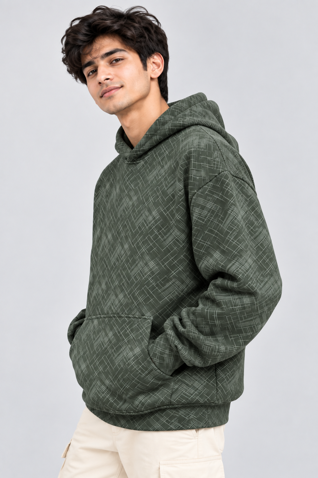 Amoldo Men's Printed Pullover Hooded Sweatshirt | 400+ GSM | Olive