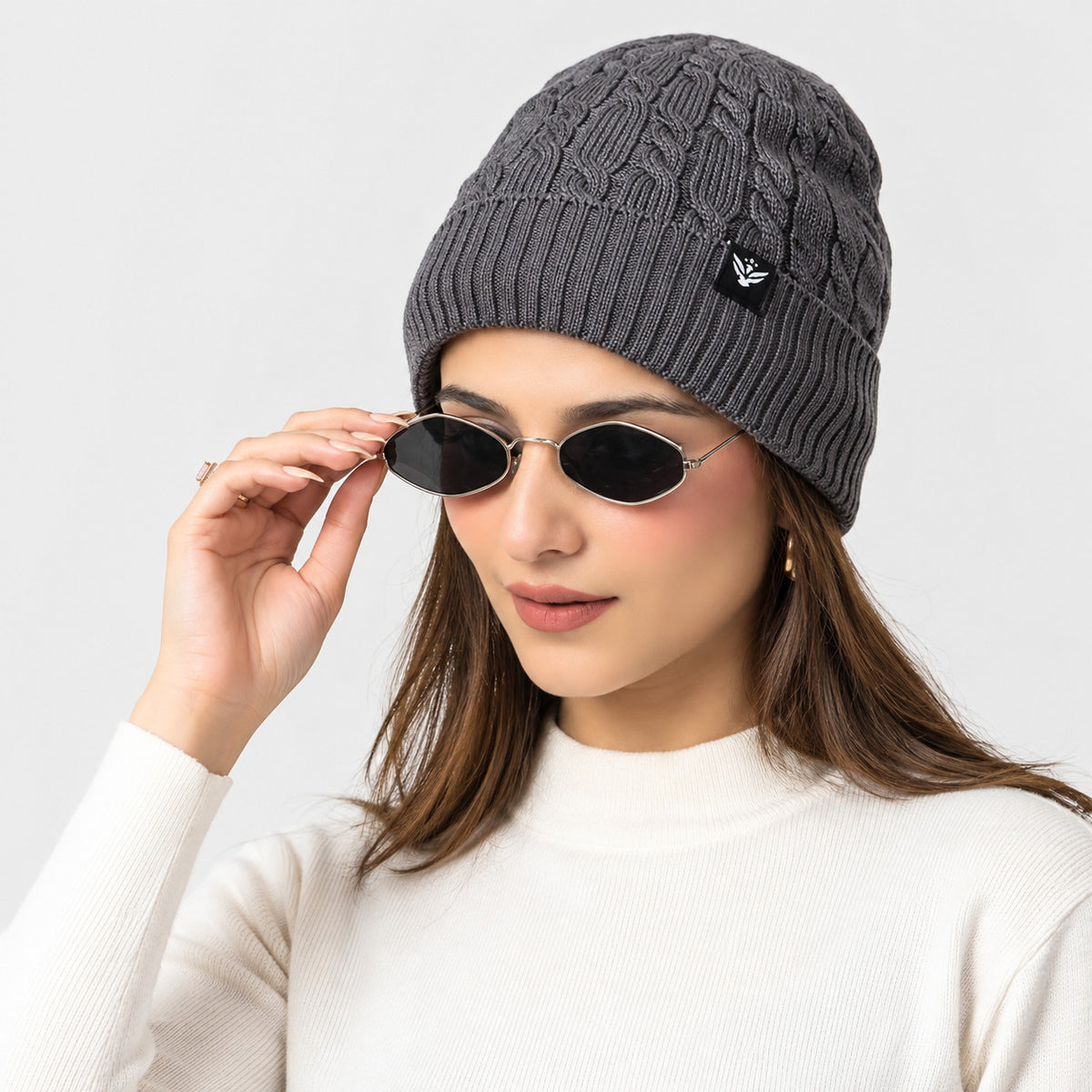 Unisex Grey Winter Wool Cap | Warm Soft Stretch Beanie with Braid Design