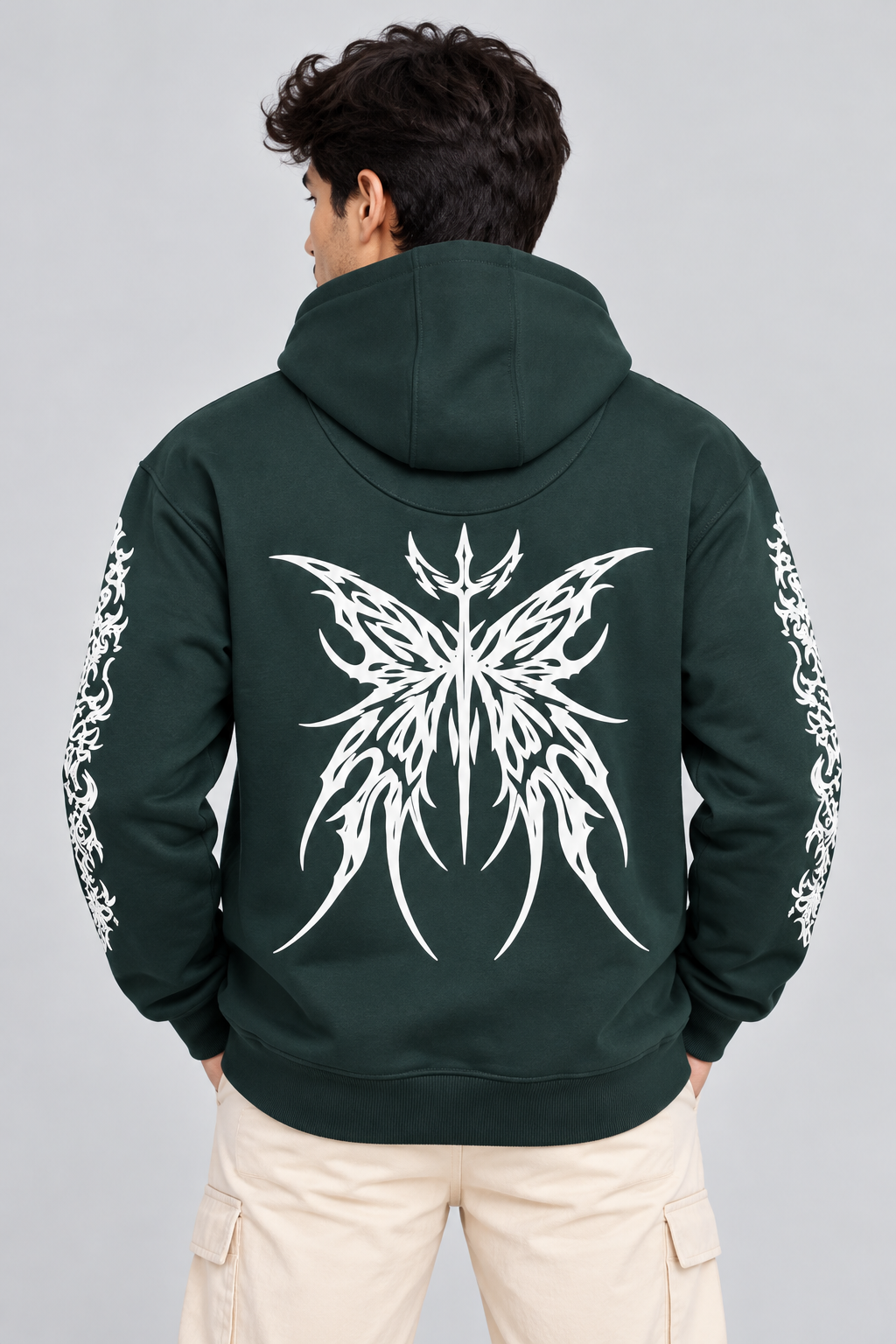 Men's Hooded Sweatshirt with White Graphic Print | 400+ GSM | Dark Green