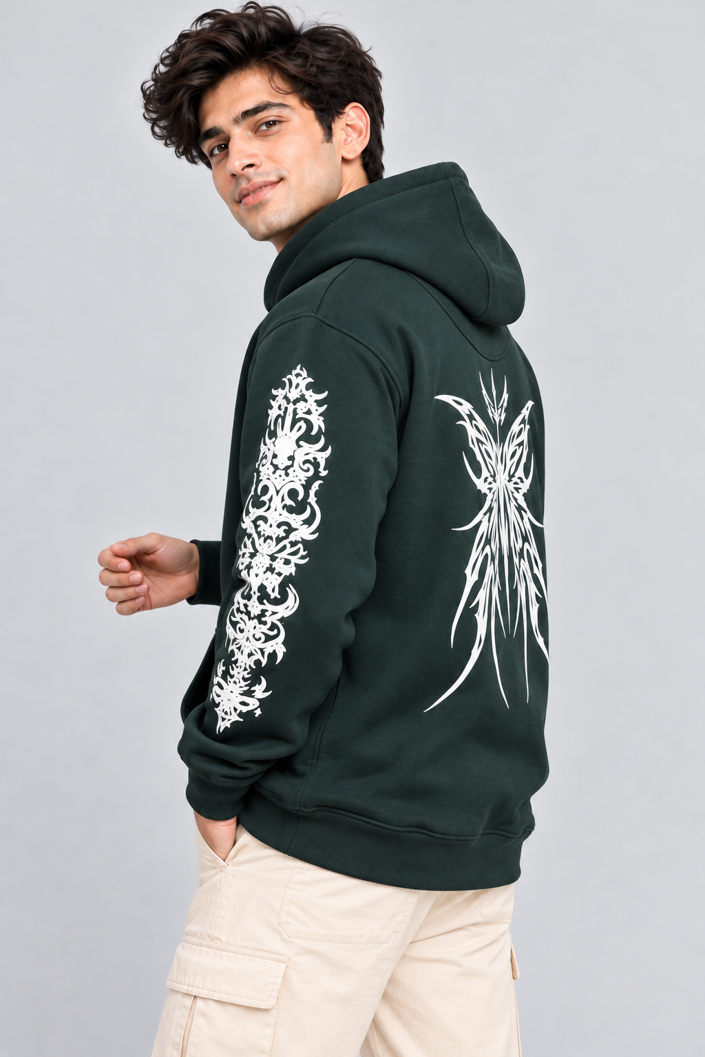 Men's Hooded Sweatshirt with White Graphic Print | 400+ GSM | Dark Green