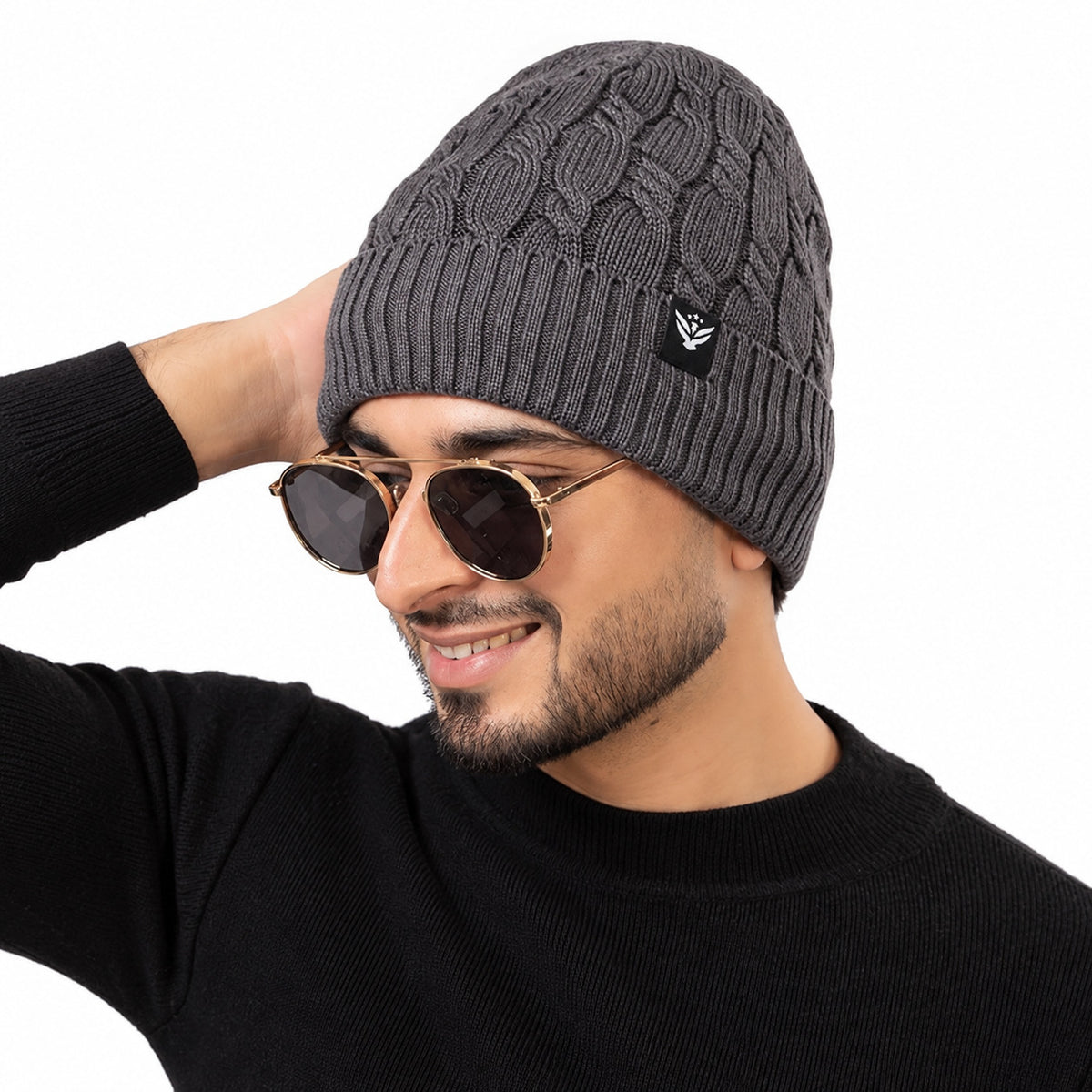 Unisex Grey Winter Wool Cap | Warm Soft Stretch Beanie with Braid Design