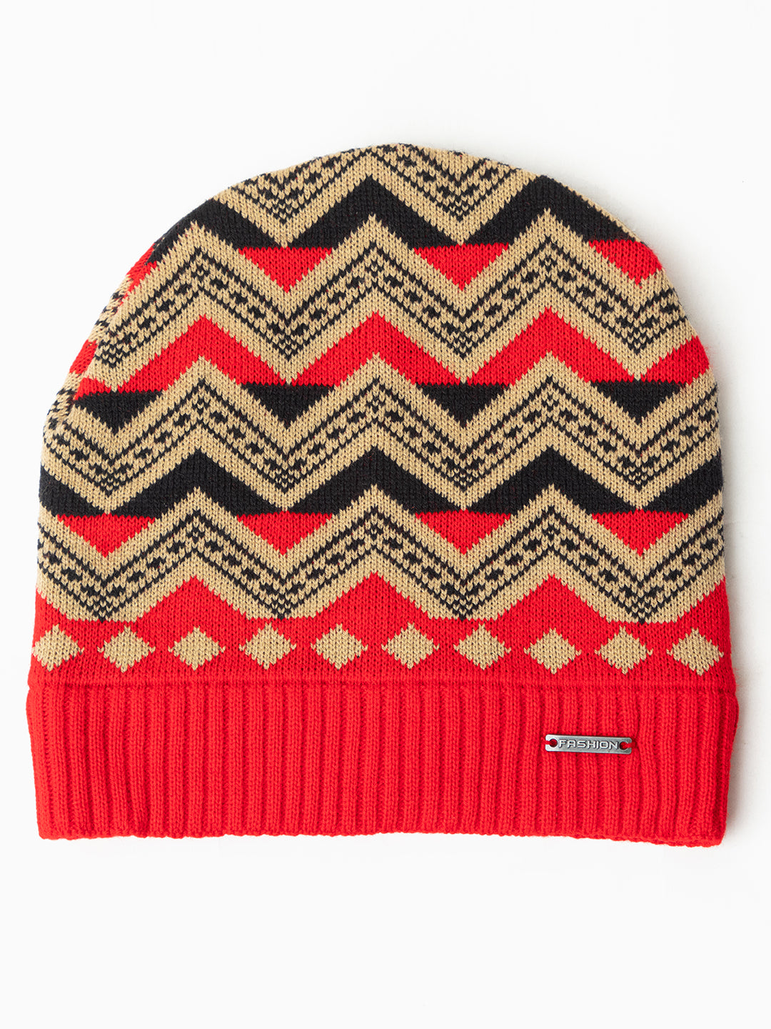 Unisex Winter Woolen Zig-zag Beanie cap- Red