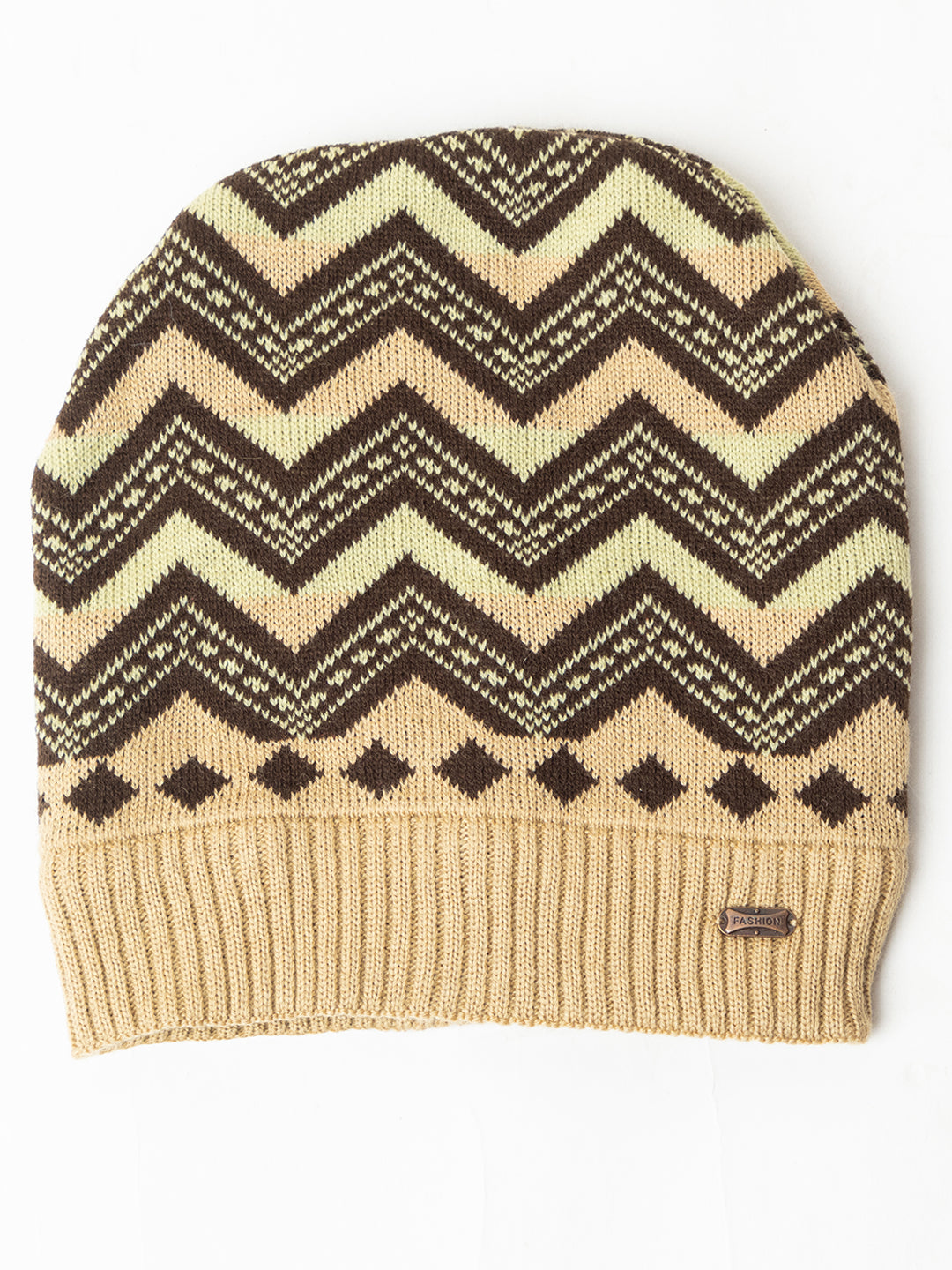 Unisex Winter Woolen Zig-zag Beanie cap- Beige