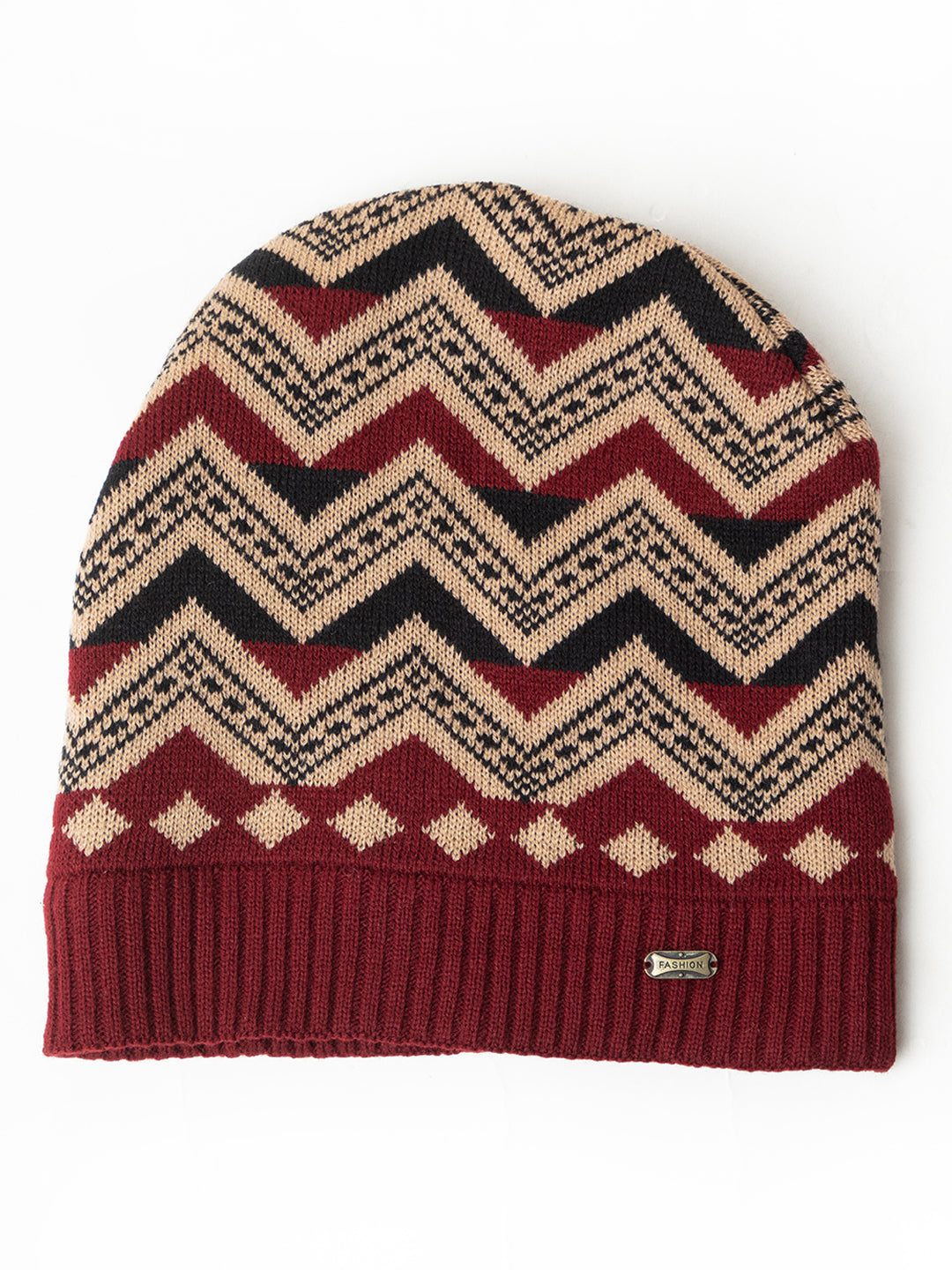 Unisex Winter Woolen Zig-zag Beanie cap- Maroon | Amoldo