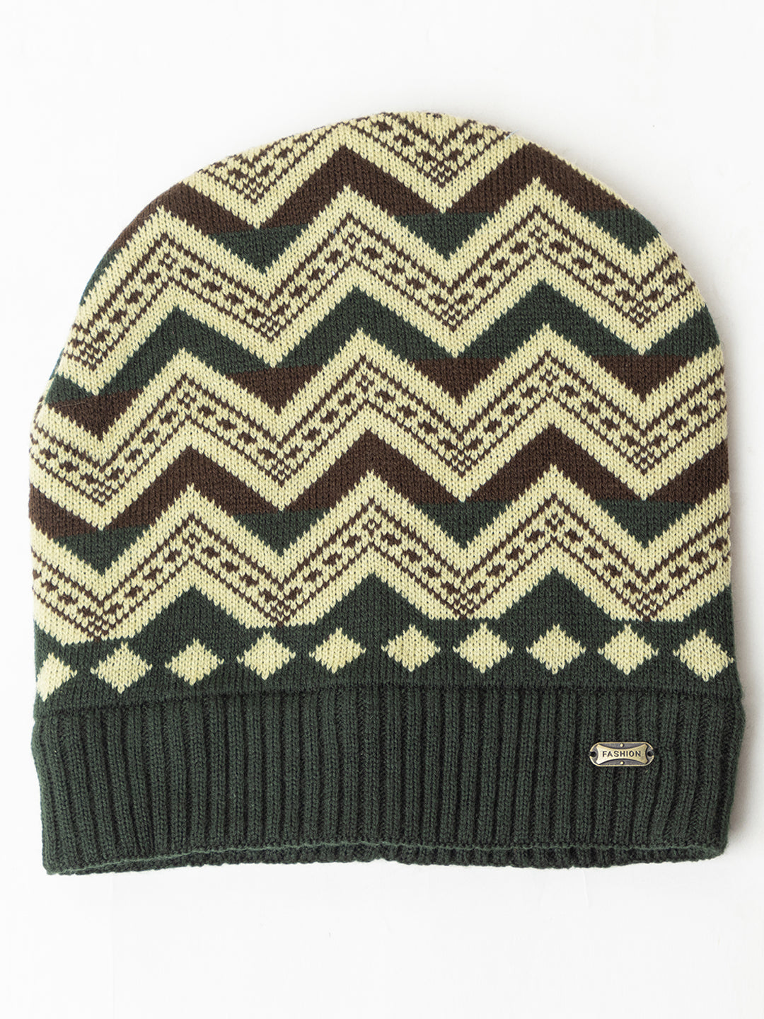 Unisex Winter Woolen Zig-zag Beanie cap- Olive