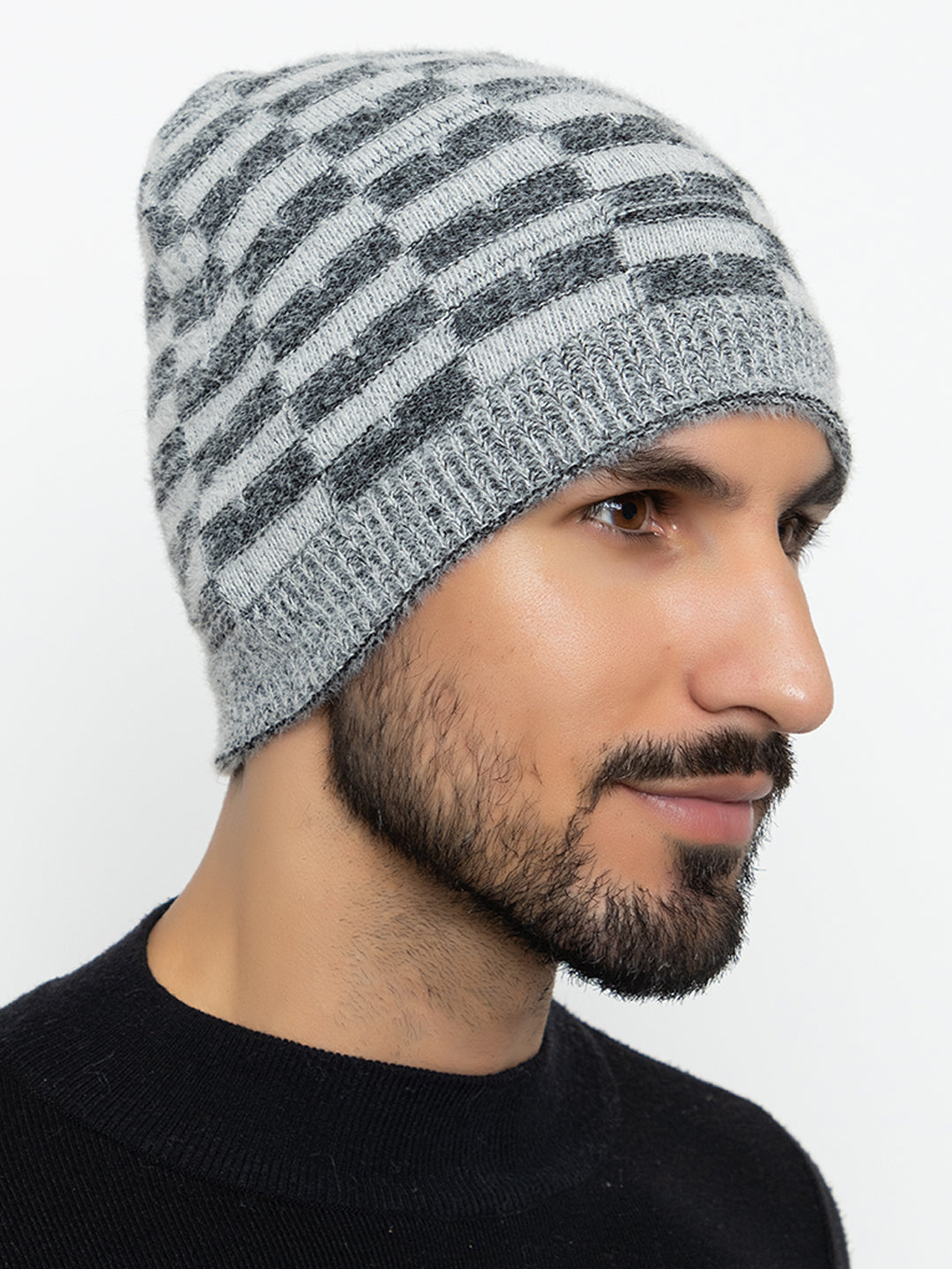 Amoldo unisex Soft and Warm Grey Winter Woolen Skull Beanie cap with Fur Lining (Chess Design)