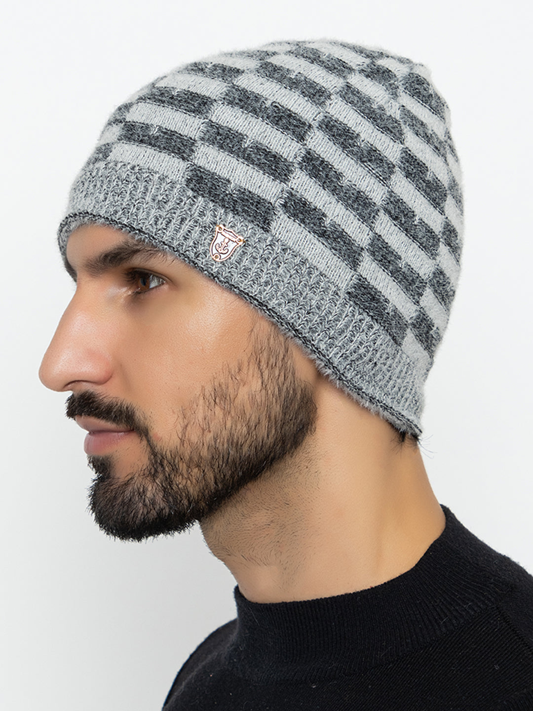 Amoldo unisex Soft and Warm Grey Winter Woolen Skull Beanie cap with Fur Lining (Chess Design)