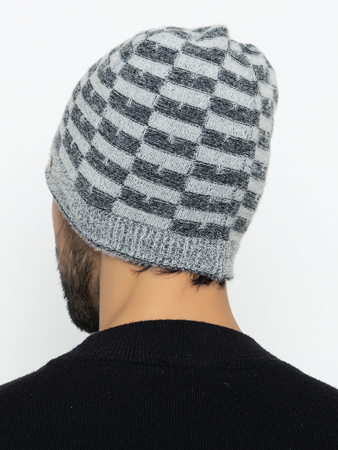 Amoldo unisex Soft and Warm Grey Winter Woolen Skull Beanie cap with Fur Lining (Chess Design)