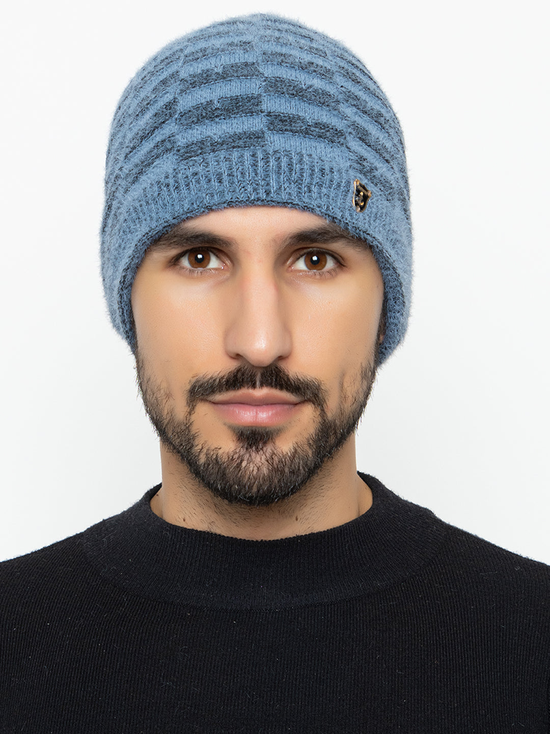 Amoldo unisex Soft and Warm Blue Winter Woolen Skull Beanie cap with Fur Lining (Chess Design)