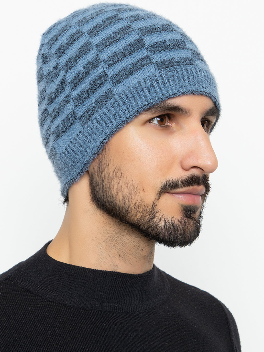 Amoldo unisex Soft and Warm Blue Winter Woolen Skull Beanie cap with Fur Lining (Chess Design)