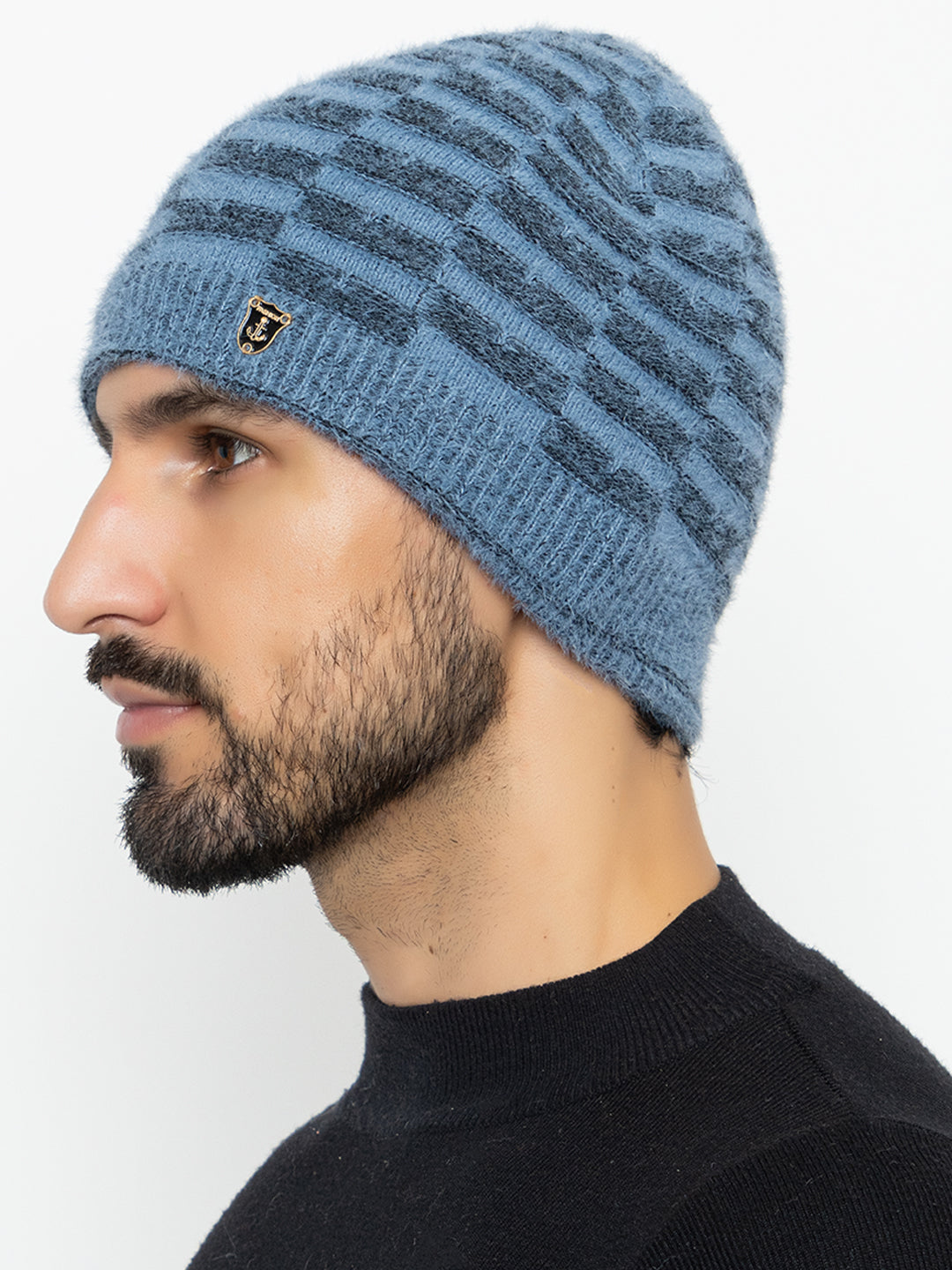 Amoldo unisex Soft and Warm Blue Winter Woolen Skull Beanie cap with Fur Lining (Chess Design)