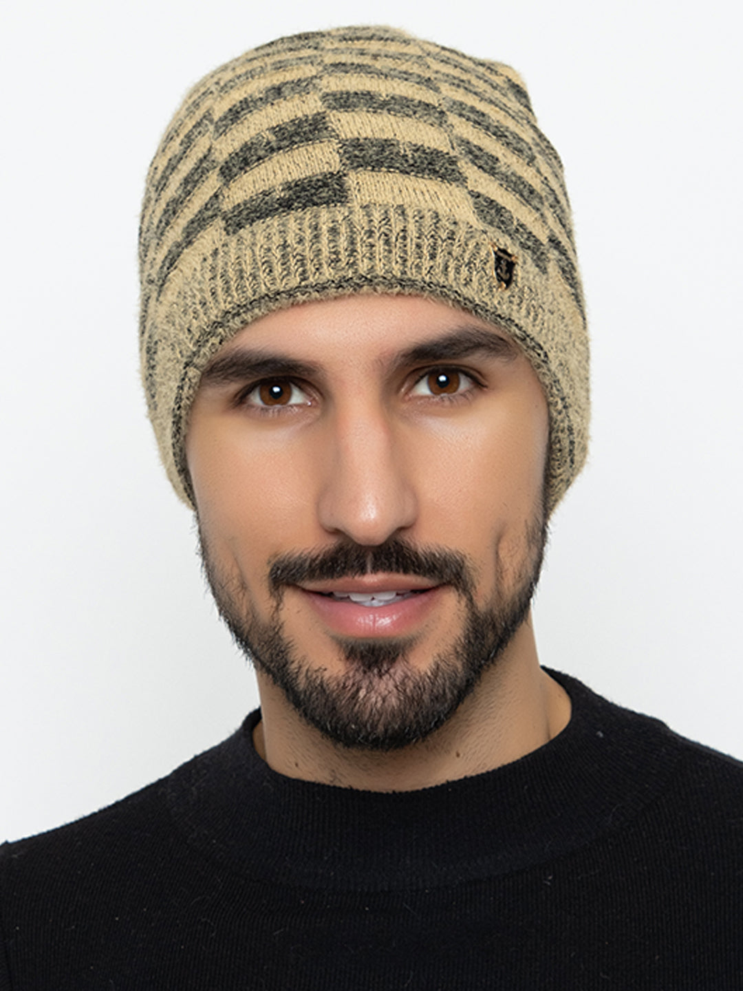 Amoldo unisex Soft and Warm Beige Winter Woolen Skull Beanie cap with Fur Lining (Chess Design)