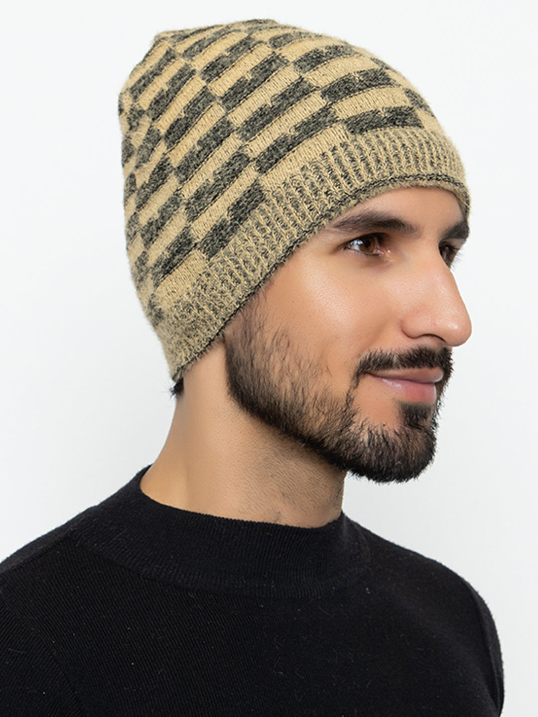 Amoldo unisex Soft and Warm Beige Winter Woolen Skull Beanie cap with Fur Lining (Chess Design)