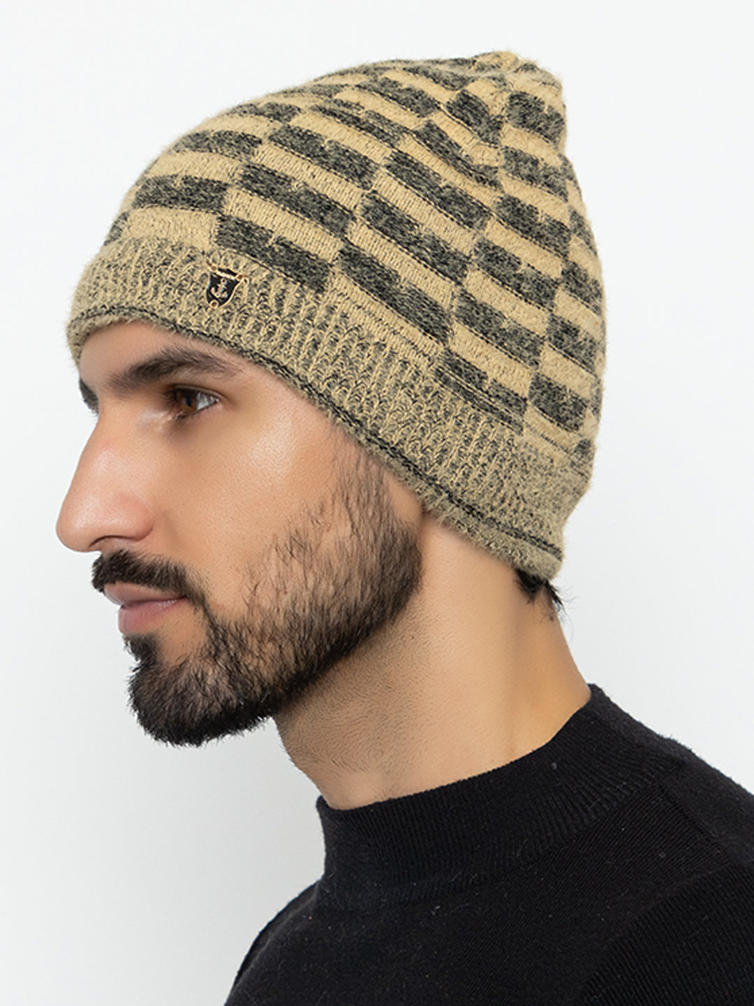 Amoldo unisex Soft and Warm Beige Winter Woolen Skull Beanie cap with Fur Lining (Chess Design)