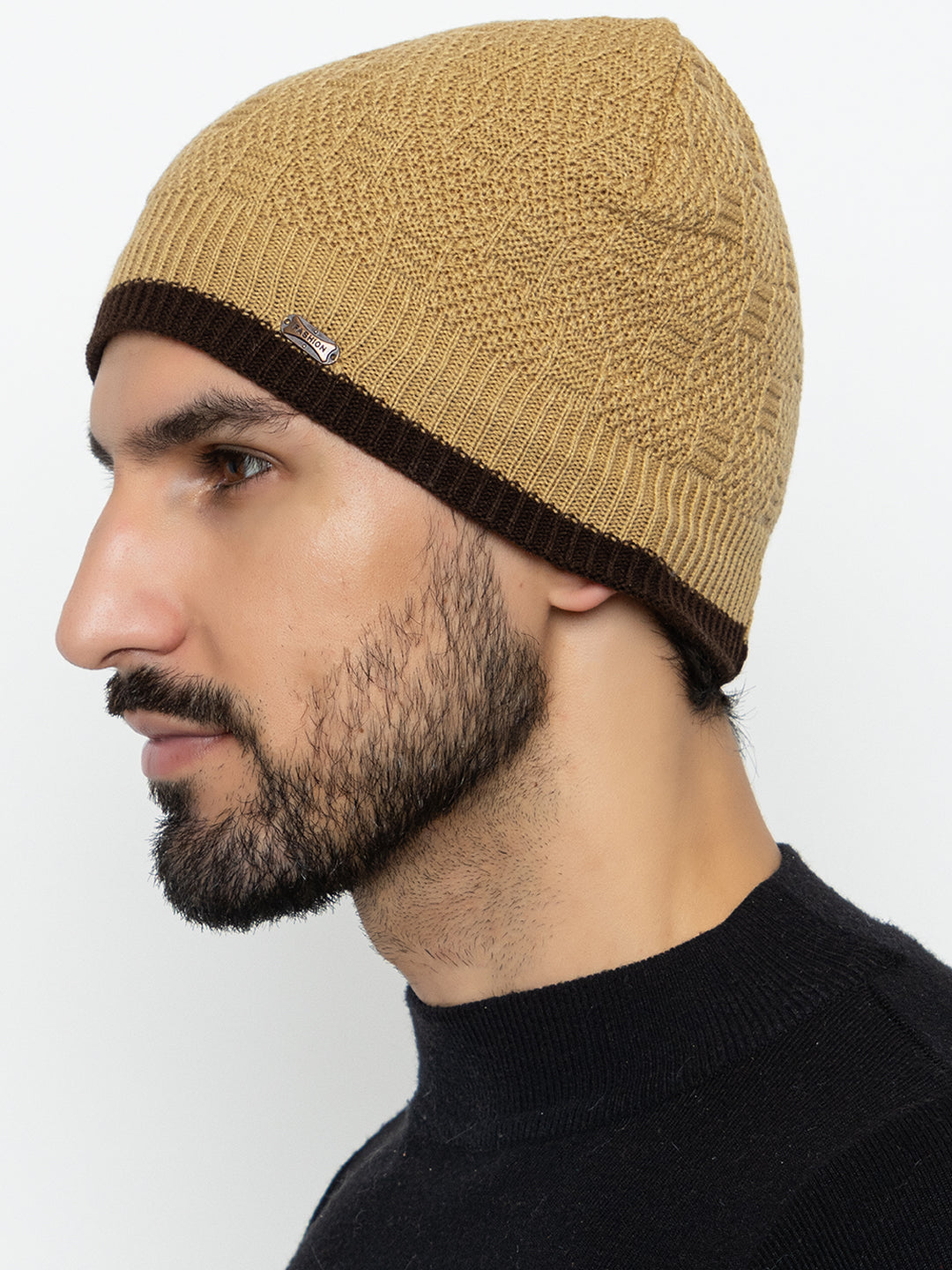 Unisex Woolen Fur Lining Beanie Cap- Beige | Amoldo