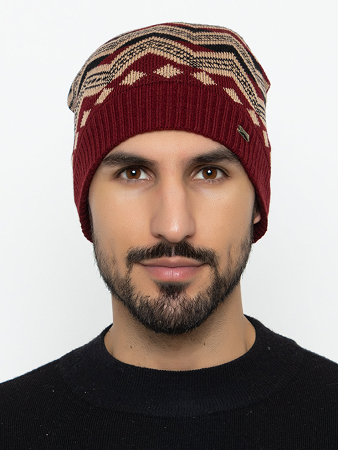 Unisex Winter Woolen Zig-zag Beanie cap- Maroon | Amoldo