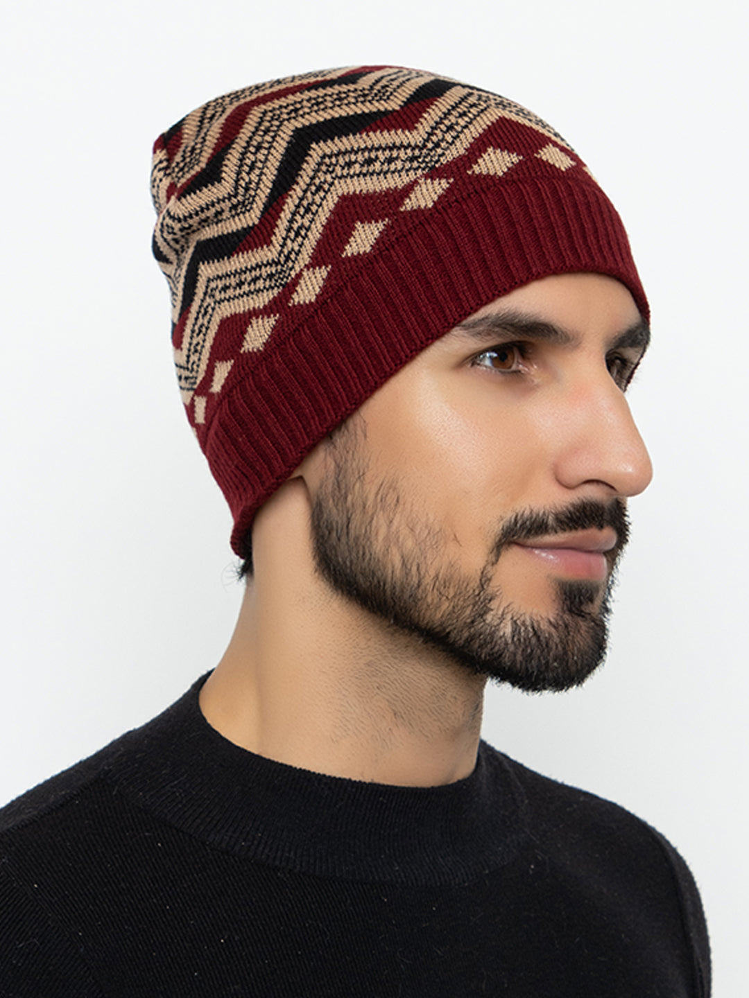 Unisex Winter Woolen Zig-zag Beanie cap- Maroon | Amoldo