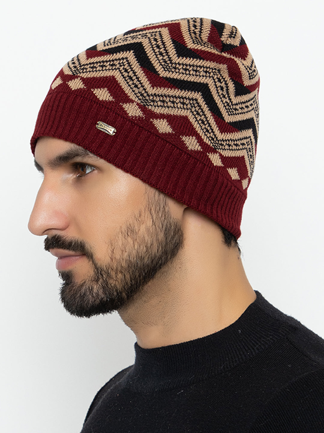 Unisex Winter Woolen Zig-zag Beanie cap- Maroon | Amoldo