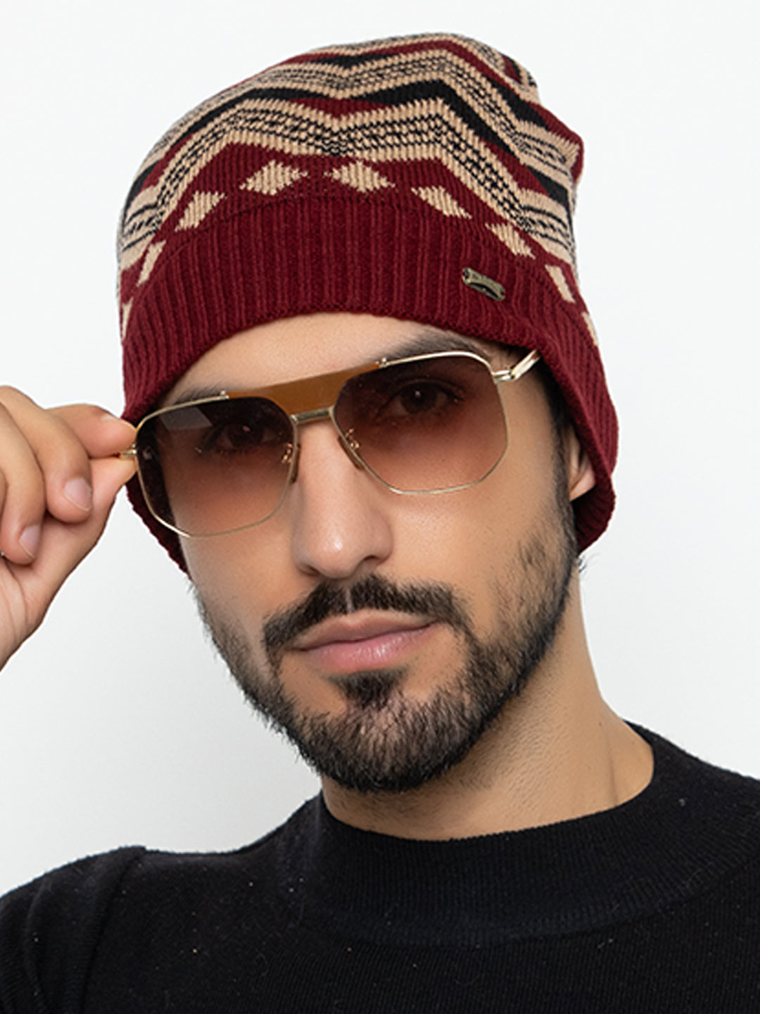 Unisex Winter Woolen Zig-zag Beanie cap- Maroon | Amoldo