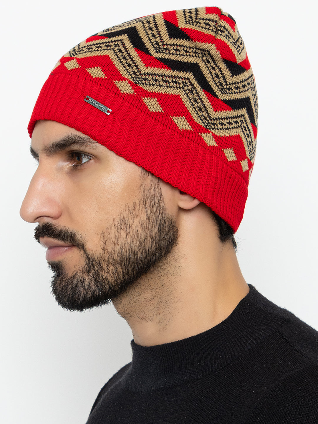 Unisex Winter Woolen Zig-zag Beanie cap- Red